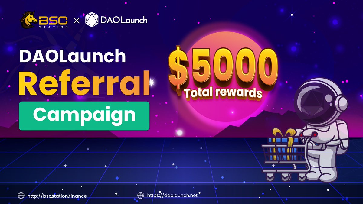 To celebrate @DAOLaunch’s IDO on @bscstation &amp; reward our supporters, we are holding a referral campaign with a total reward of $5000!
👉 How to join: find the bot @BSCS_DAOLaunch_bot on Telegram &amp; follow its instructions
📆 Nov 13 to Nov 19
ℹ️ Details: bit.ly/30dRuXy