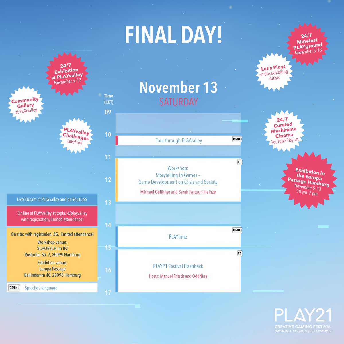 _PLAYfestival's tweet photo. We had the longest Play Festival ever and enjoyed so many good games, connections, talks and guests. 
We still have some program left for you today: 
A Workshop Storytelling in Games, a huge PLAYtime and the Finissage with @oddnina and @manuspielt. 

#PLAY21 https://t.co/RW9ntqHgAK