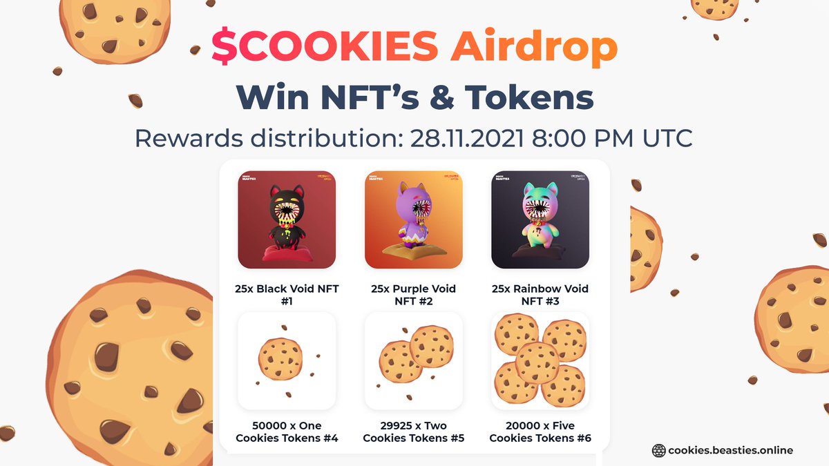 🍪$COOKIES &amp; NFT AIRDROP JUST STARTED🍪
There is only 100,000 tickets!!! Be fast please👏

👉Login with your Twitter to join and roll: cookies.beasties.online
👉Bonus Rolls for inviting friends &amp; extra tasks

Rewards distribution: 28.11.2021 8:00 PM UTC
#BTC $BTC #BNB #GameFi