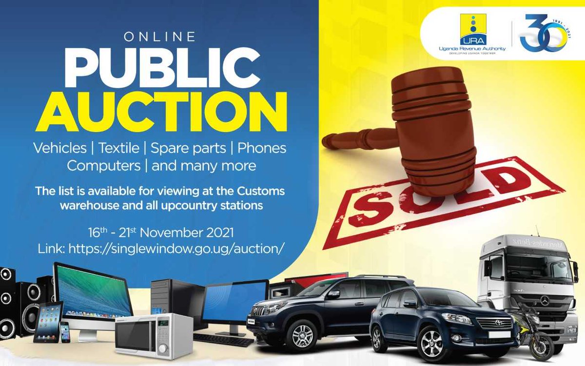 URAuganda's tweet photo. #PublicAuctionAlert - Next Week 

From 16th - 21st/November/2021, you are all invited to be part of this online auction.

Cars, Electronics, Furniture, Beddings, Clothes, Fabrics, Textiles and many more items will be up for auction.

Here is the LINK: https://t.co/5OMsDGXXy2 https://t.co/JSeq5Yg9rs