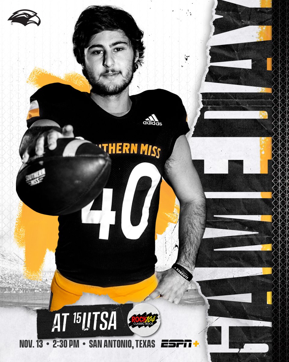 SouthernMissFB's tweet photo. RISE AND SHINE ☀️

🆚 No. 15 UTSA
📍 San Antonio, Texas
⌚️ 2:30 PM
📺 ESPN+
📻 @Rock104FM 
📊 https://t.co/xP6VE2tGXk

#AIE | #SMTTT https://t.co/FCtzGtVxiR
