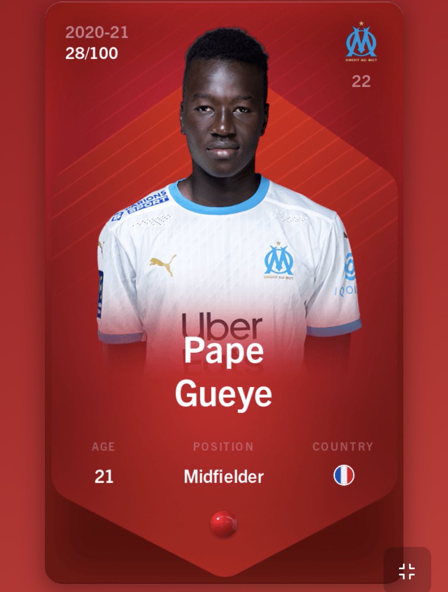 DTradeuse's tweet photo. Huge potential for #pape_gueye from ⁦@OM_Officiel⁩ young box to box midfielder that we should see in ⁦@premierleague⁩ in 1 or 2 years! Purchased in back in April for 0.195 ETH high price could have been better #sorare ⁦@Sorare⁩ #crack #nft #fantasyfootball #nft https://t.co/IKduaI4w6P