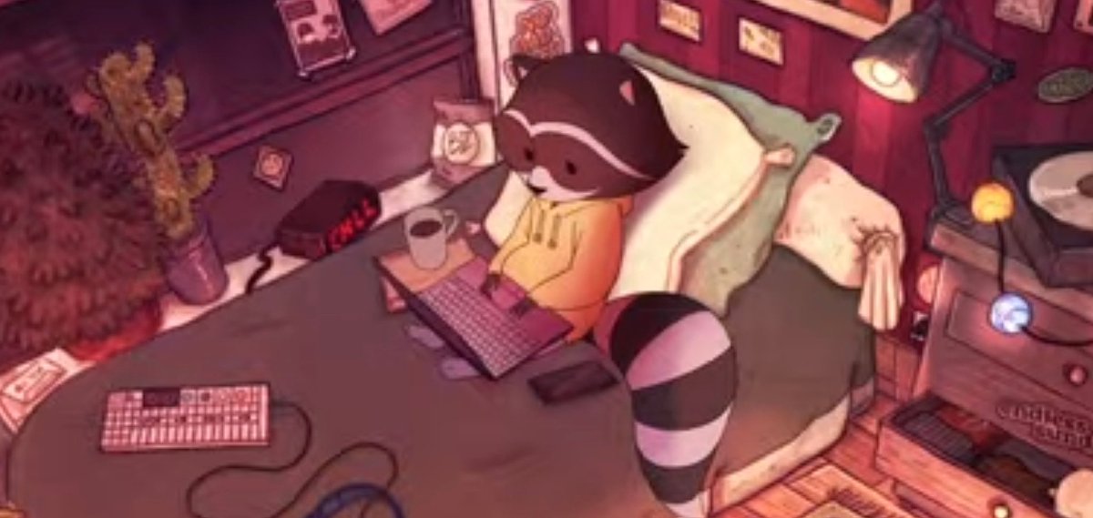 intrepidbee's tweet photo. Have finally committed to embracing winter pandemic by playing lo fi music in every part of the house. 

Yes, I am a stereotype of myself.

But is this raccoon not the damn cosiest thing you ever seen?? https://t.co/c1RHCuOmyJ