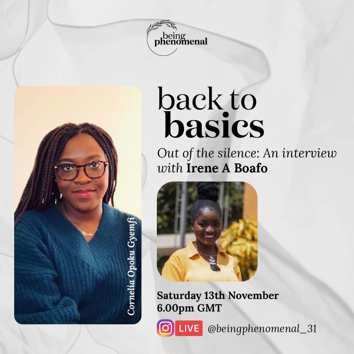 What day is today?
Saturday, November 13th! The day for my IG live session with @neliagyemfi @beingphenomenal_31! See you at 1800 GMT.

#debuting #devotional #christianliterature #christianwriter #survivor #traumarecovery #trauma #traumasurvivor #traumahealing #sexualtrauma