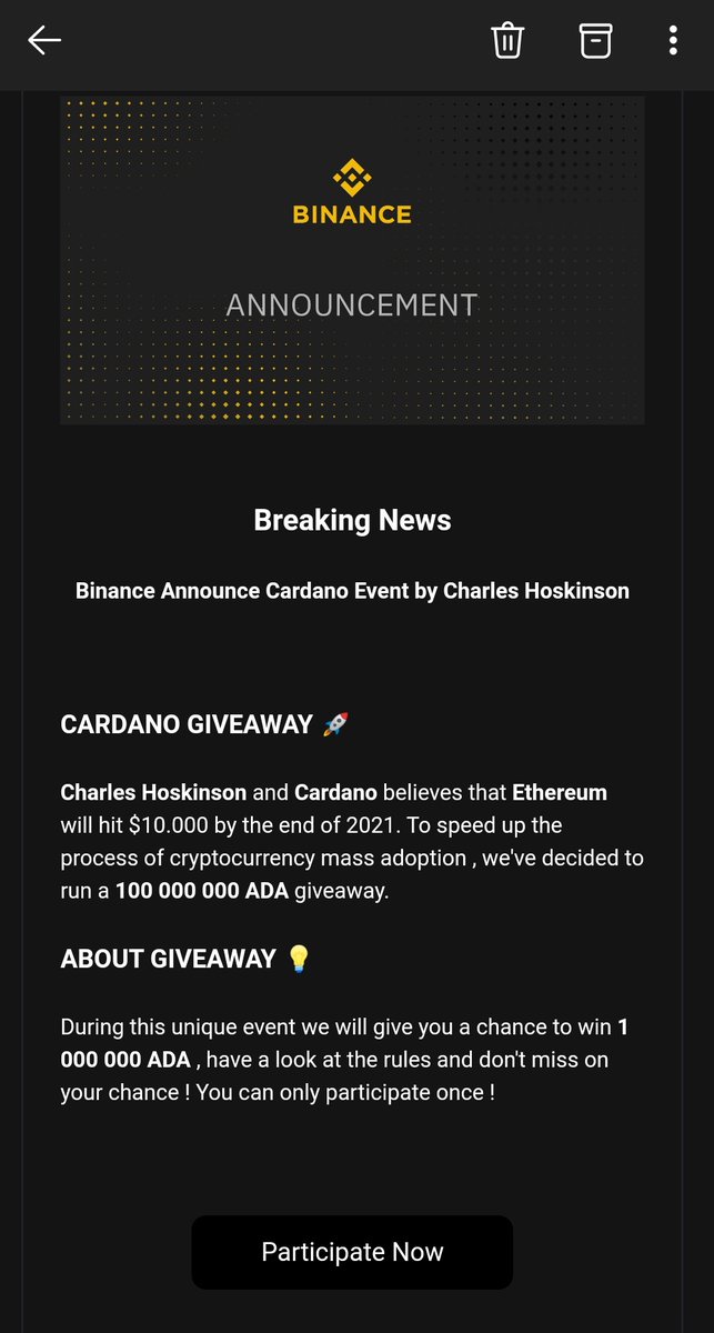 Mail alırsanız dikkat edin. Giveaway adı altında scammer #BTC #binance #ADA