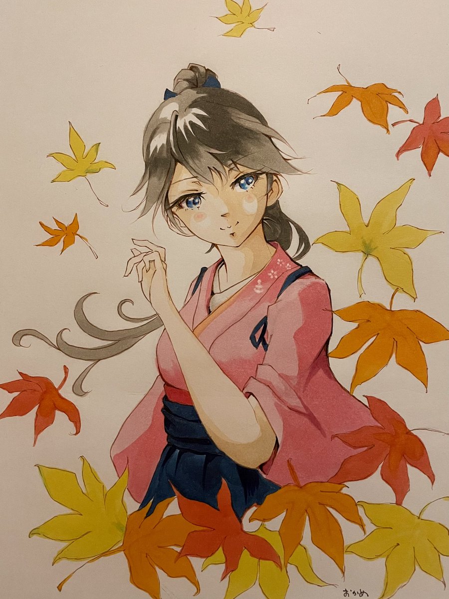 houshou (kancolle) 1girl solo japanese clothes ponytail hakama kimono traditional media  illustration images