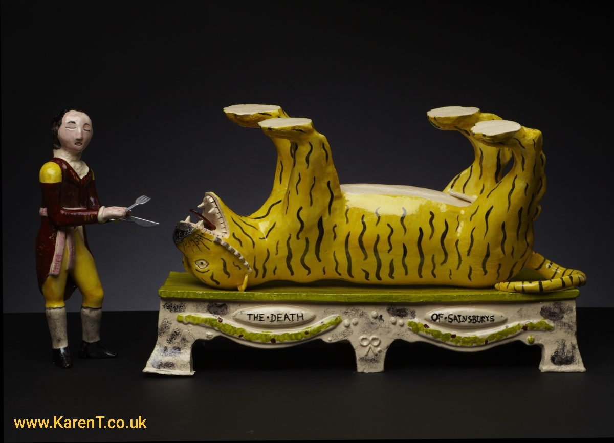 Using the same elements as #Thedeathofmunrow produced by #Staffordshirepotteries ca. 1800, #Thedeathofsainsburys #metaphorically &amp; #literally turns the #originalwork #onitshead &amp; comments on the simplicity of the #foodchain and to the current #predominance #supermarkets within it