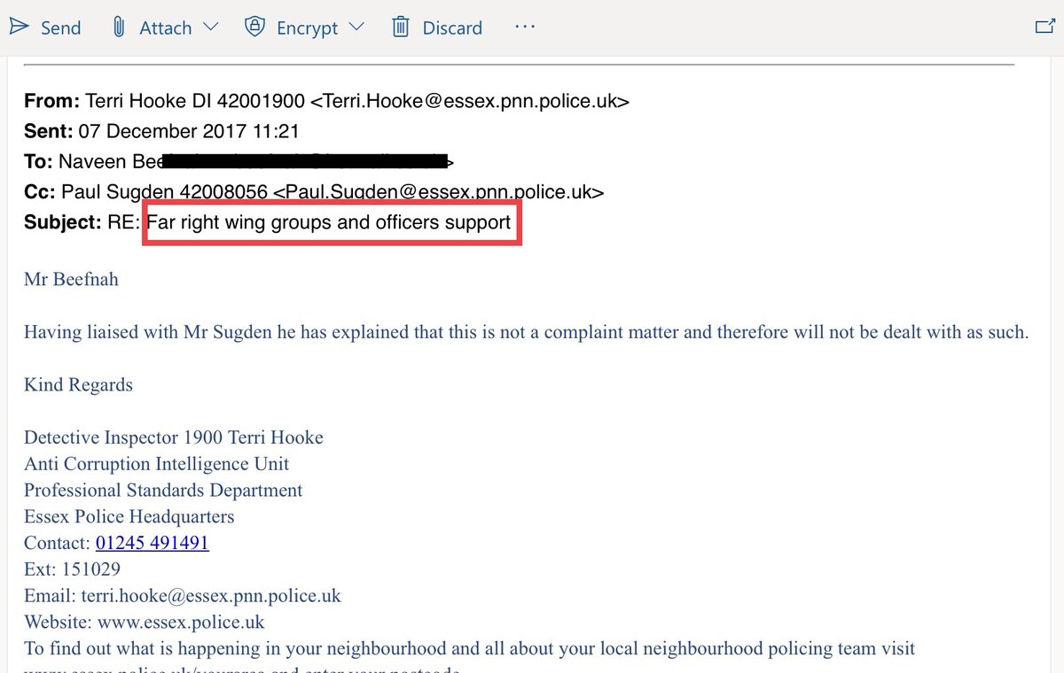 DC HOOKE 1900 confirms <a href="/EssexPoliceUK/">Essex Police</a> has no concerns re. far right wing racist officers ie NEO-NAZIS @EPColchester, highly racist comments about the OBAMA’s, Muslims, PoC etc 2017

No change re racism 2021

#racism backed by <a href="/BJH251/">Chief Constable BJ Harrington QPM - Essex Police</a> <a href="/EssexPFCC/">EssexPFCC</a> <a href="/DCCAndyProphet/">Deputy Chief Constable Andy Prophet</a>
#BlackLivesMatter