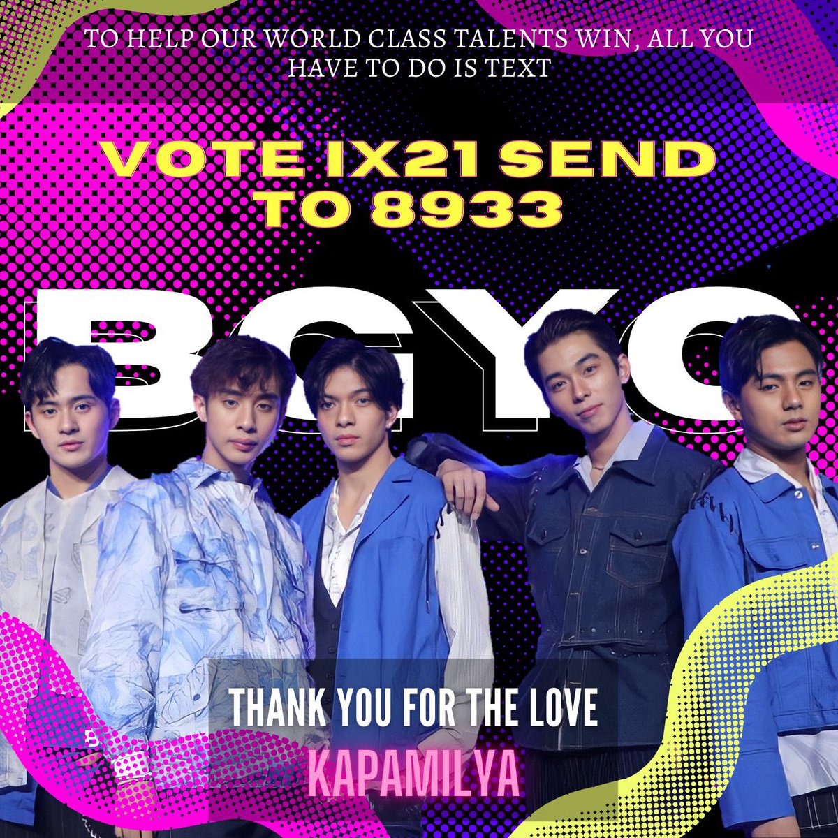 kowalerts's tweet photo. Mga Kapamilya, our very own BGYO is nominated in the 34th Awit Awards under the Favorite Group Artist category! Let’s help them win by texting VOTE IX21 and sending to 8933! ✨❤️💚💙 https://t.co/KlZN2sdlpX