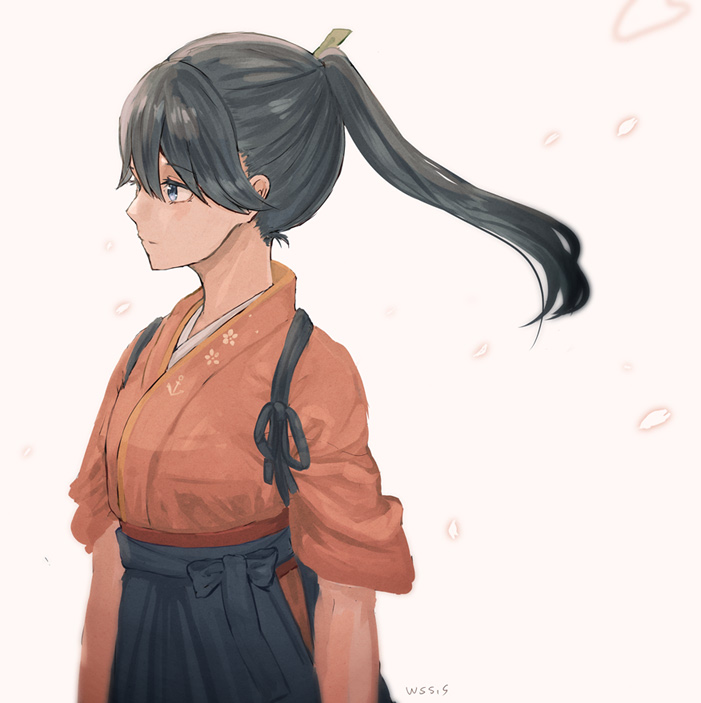 houshou (kancolle) 1girl solo japanese clothes tasuki ponytail hakama kimono  illustration images