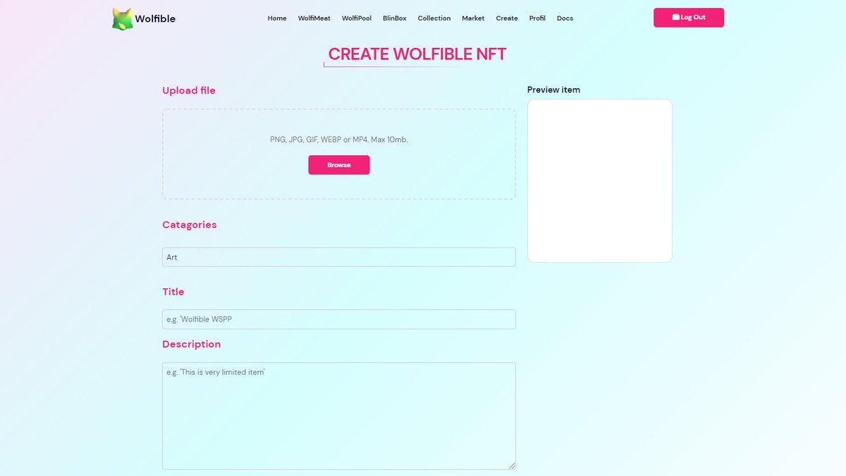 RoboWolf8's tweet photo. Just Release new Page on #Wolfible,
1. Create NFT 
2. Profil 
3. Marketplace 
Try this create your Own NFT 
Powered by @MoralisWeb3 
https://t.co/QDFJroF70s
#WSPP #NFT 
@binance @TheBinanceNFT https://t.co/PsKjV5lmYT