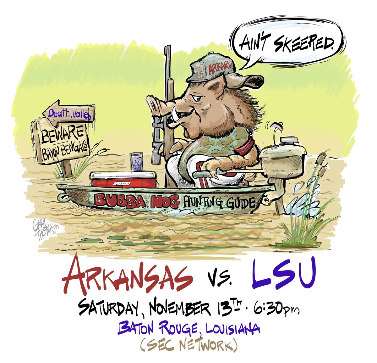 realrayzorback's tweet photo. Ain’t skeered! Go Hogs! Beat LSU! @RazorbackFB @CoachSamPittman @HunterYurachek @CodyVincent @Coach_Odom @kendalbriles https://t.co/K3UmM2fa74