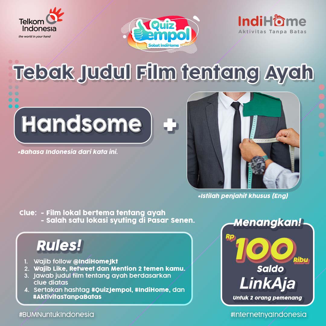 Yuk main Giveaway #QuizJempol bareng <a href="/IndiHome/">IndiHome</a> 

Coba simak clue berikut ini, kira-kira judul filmnya apa ya, sob?

Jawaban paling tepat mimin kasih LinkAja 100rb untuk 2 orang pemenang! 🥳
Jangan lupa ikutin rulesnya yaa..

#AktivitasTanpaBatas 
#IndiHome