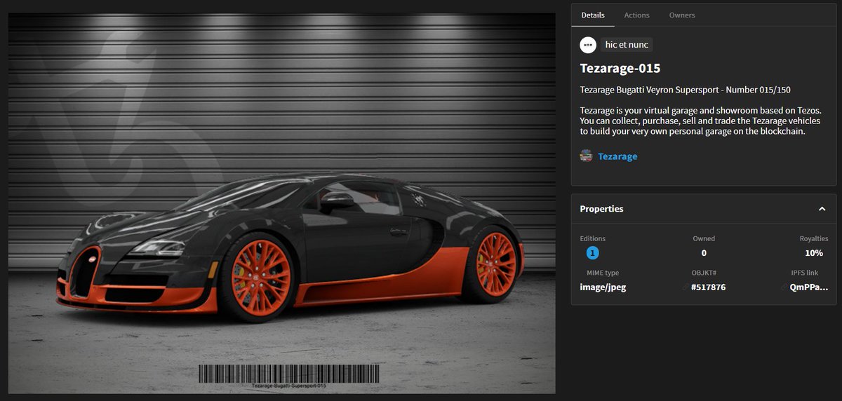 tezarage's tweet photo. This Bugatti Veyron Supersport is off to it's new owner! SOLD! Tezarage # 015/150

#tezos #tezosnft #NFTcollectibles #NFTGiveaway https://t.co/ghKm9pSH5o