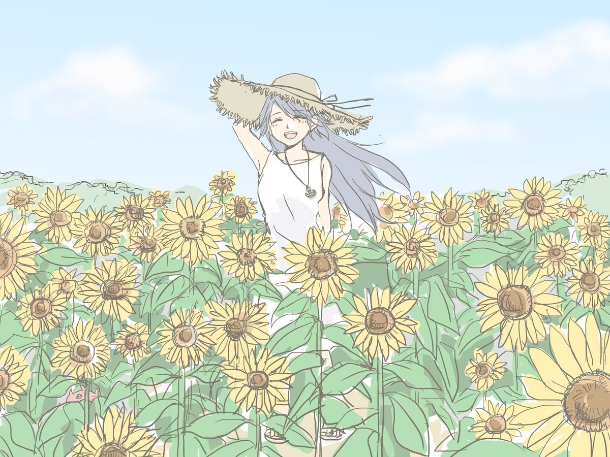 1girl flower solo hat long hair dress sunflower  illustration images