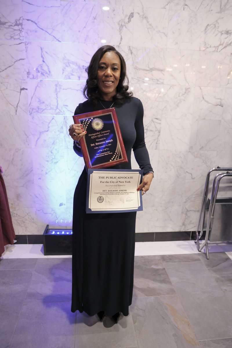 NYPDBklynSouth's tweet photo. A BIG congrats to our very own Detective Roxanne Joseph on being awarded the Distinguished Community Affairs Officer Award last night by @NNickPerry 

Roxanne’s presence, dedication and friendship is valued on so many levels. We are so happy &amp; proud of her. Well earned Roxanne! https://t.co/Y5vH5Q1XHo