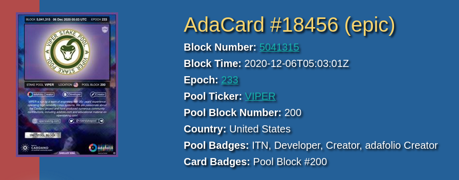 viperstakepool's tweet photo. 🎉 How about an Epic rarity VIPER #AdaCard giveaway?? Thanks to @ShawnA3C for donating the card!
To enter: Like+Tag+RT
Winner Announced Nov. 17th 2021
Also, don't forget to vote in the #sundaeswap ISO! https://t.co/4tRqW3wTdb (vote not required to win the AdaCard drawing) https://t.co/J2s9VFm9Lt
