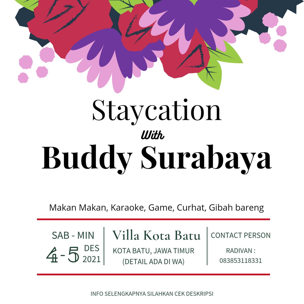 Buddy_sby's tweet photo. Staycation w/ Buddy Surabaya

📅 4 s/d 5 Desember 2021
📌 Kota Wisata Batu, Jawa Timur
💰 ±60k / Orang
- Limited Slot -
Last Payment : 21 November 2021
Informasi dan Pendaftaran : 
- WA : 083853118331
- Twitter : @Buddy_sby https://t.co/gSBOfNZZJA