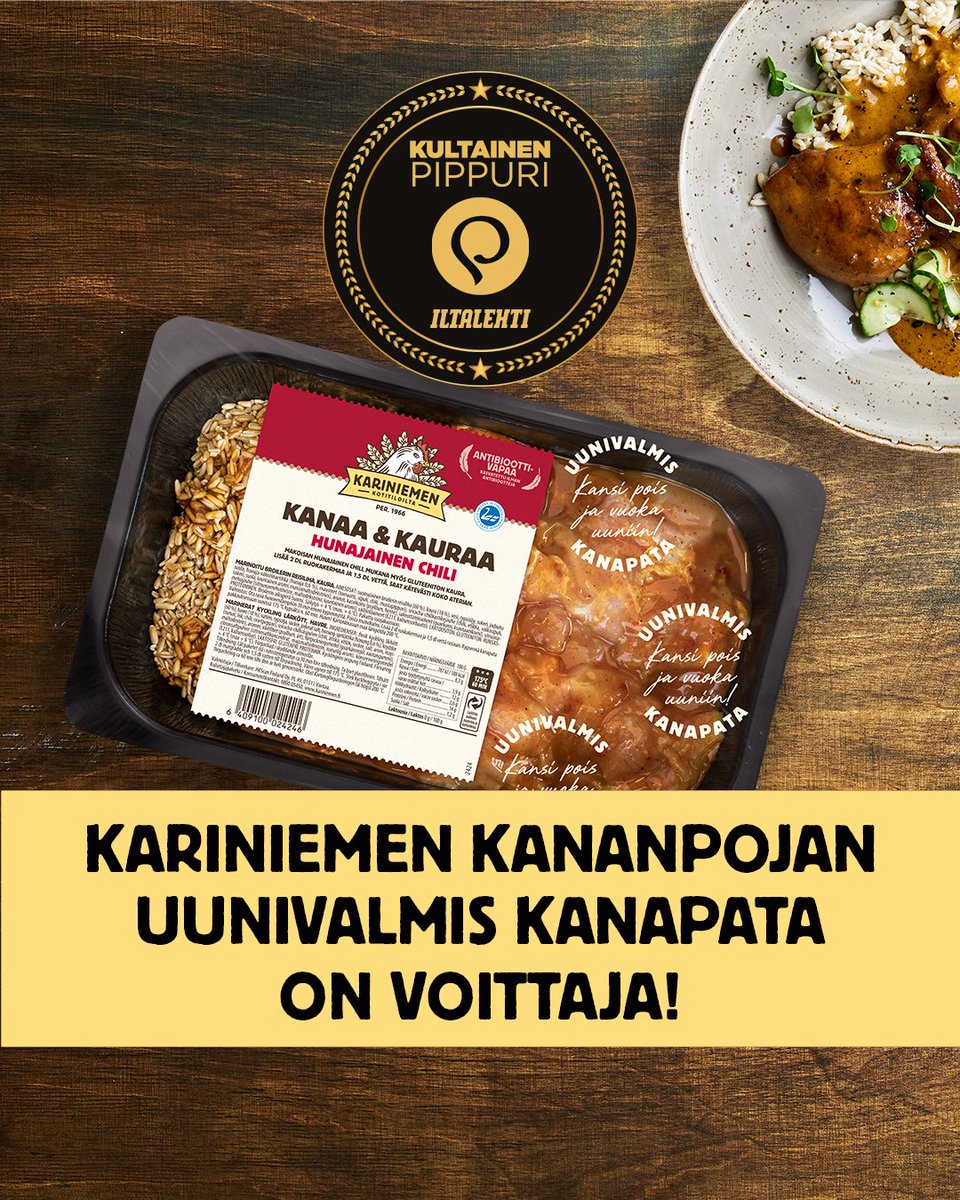 Kuluttajat äänestivät Kultainen Pippuri -elintarvikekilpailussa Arjen helpottaja -sarjan finalistien joukosta  #Kariniemen kanapadan voittajaksi. Lämmin kiitos kaikille äänestäjille!💛Sarjan voitto on Kariniemen -tuotteelle toinen perättäinen.
bit.ly/3caAcwy