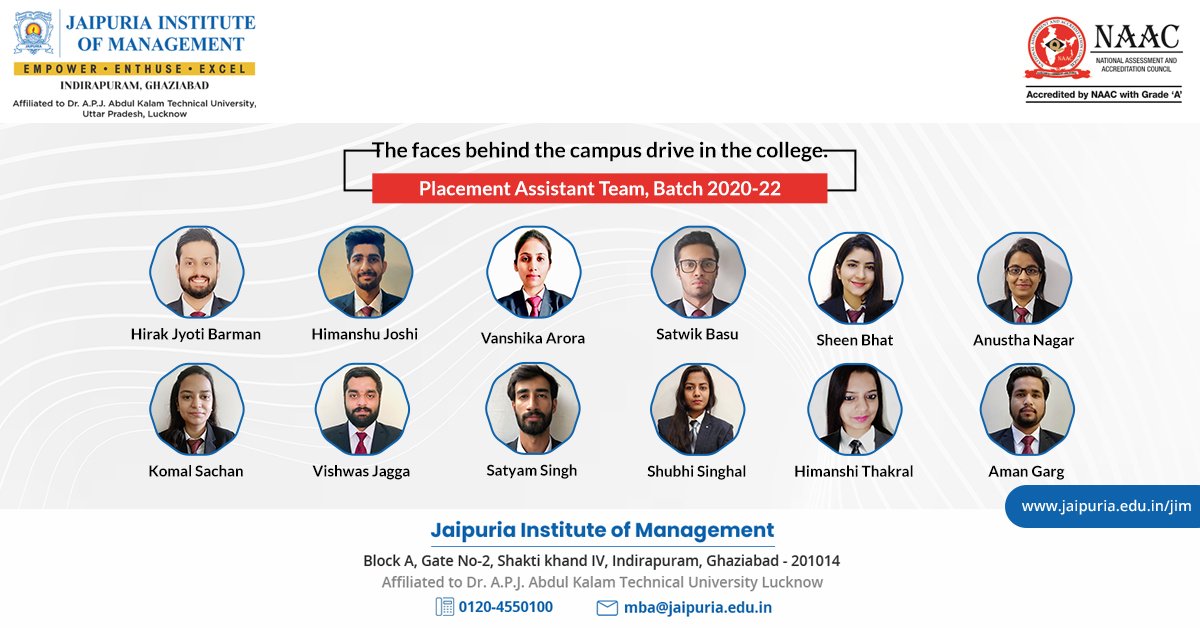JaipuriaMBA's tweet photo. Meet our placement assistant team, Batch 2020-22.
The student team responsible for the placement drives at the college.
#JaipuriaInstituteofManagement #JaipuriaGhaziabad #MBA #MBAinBusinessAnalytics #Placement #PlacementAssistance #PlacementTeam #CareerDevelopment #Career https://t.co/gunl0qQ6kP