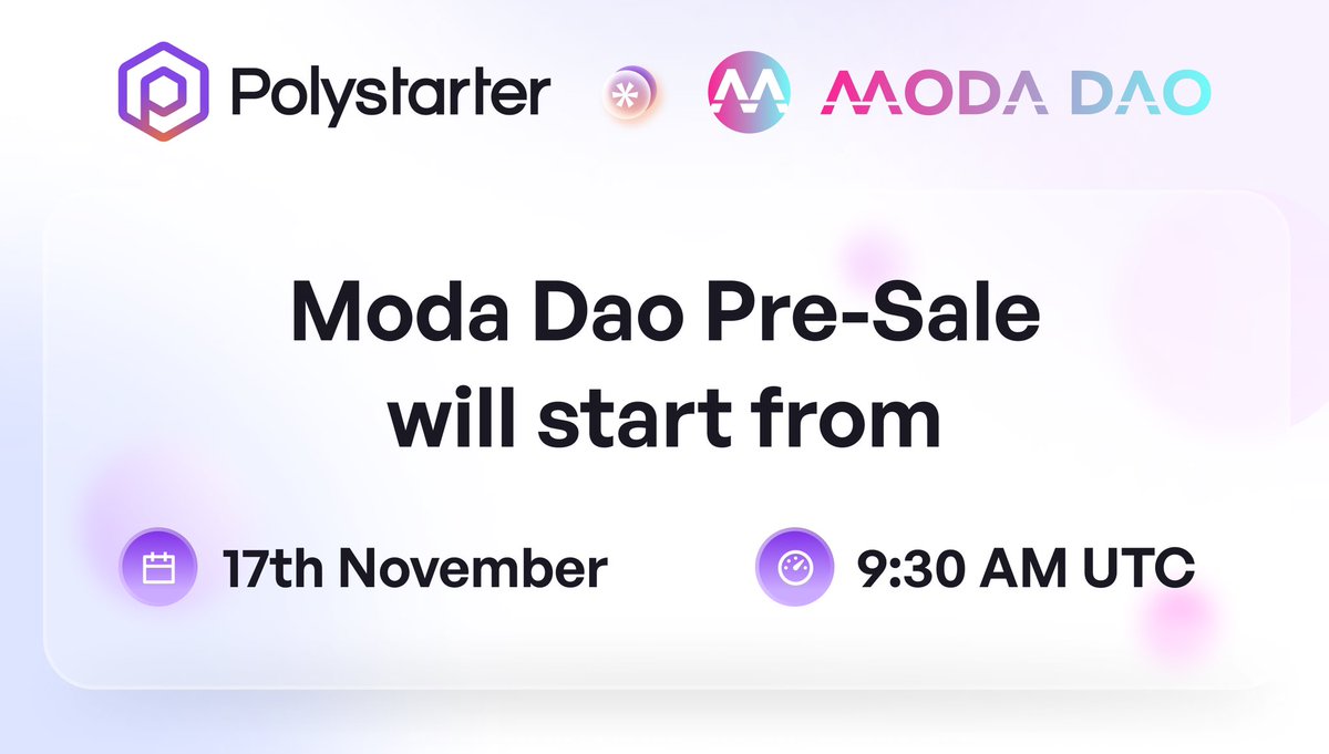 News1Lead's tweet photo. 🚀 @0xPolystarter announced that #Polystarter community have chance to participate in the @MODA_DAO Pre-Sale.
⏰ Starting: Nov. 17 at 9:30 AM UTC
🔽INFO
https://t.co/vVibwSDlew
#N1L #NewsLead https://t.co/OZAdCkr3eK