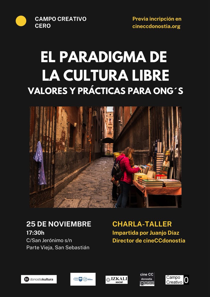 ¿Sabías que las licencias Creative Commons pueden ayudarte como ONG a difundir tu labor? 
Acercate el día 25 de noviembre para saber más sobre la cultura libre y sus valores y prácticas para ONGs
Previa inscripción
Más info: cineccdonostia.org/2021/10/charla…