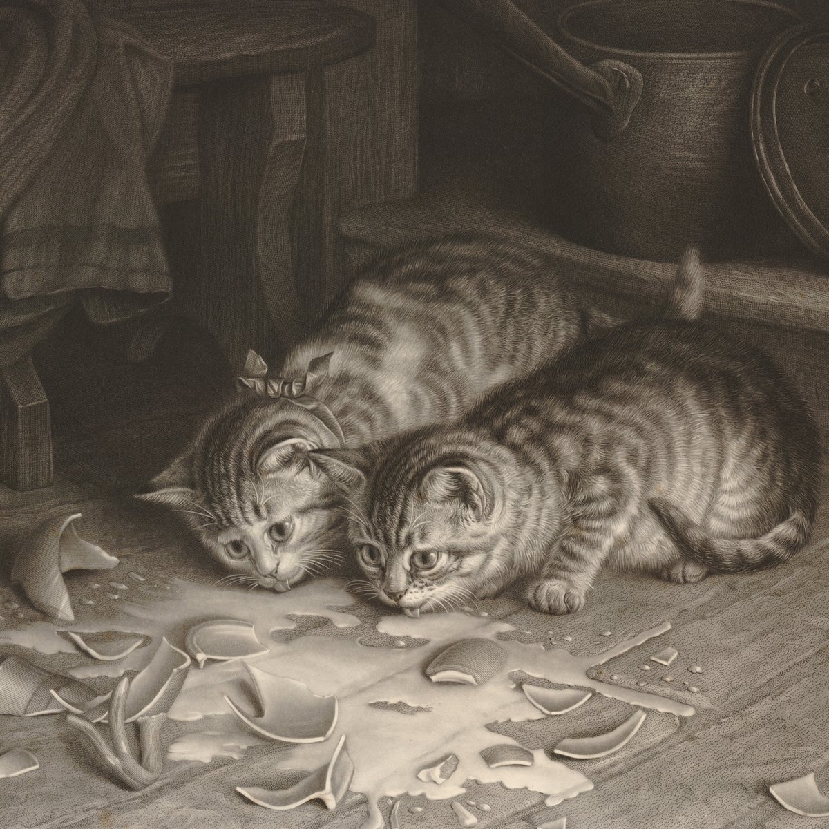 A black and white print of a tabby kitten tipping a bottle of ink over a will laid out on a writing desk on the right, with a quill pen, spectacles, deeds, letter filing box and chest on the table. 