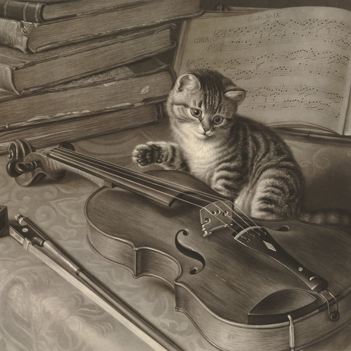 A black and white print of a kitten sitting by a violin about to strum the strings, on a covered table with a violin bow and in the foreground, a pile of books to left, and a score open on a stand behind to right.