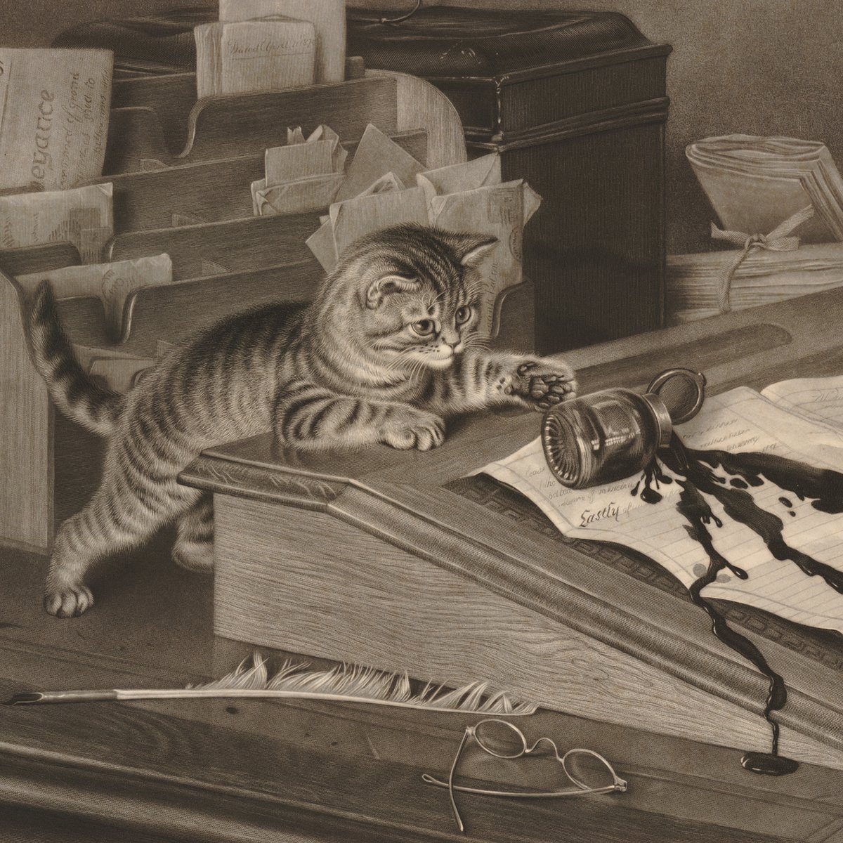 A black and white print of two tabby kittens lapping milk spilt on the floor from a broken jug, with a stool behind them to the left, and pans and iron in the background to the right.