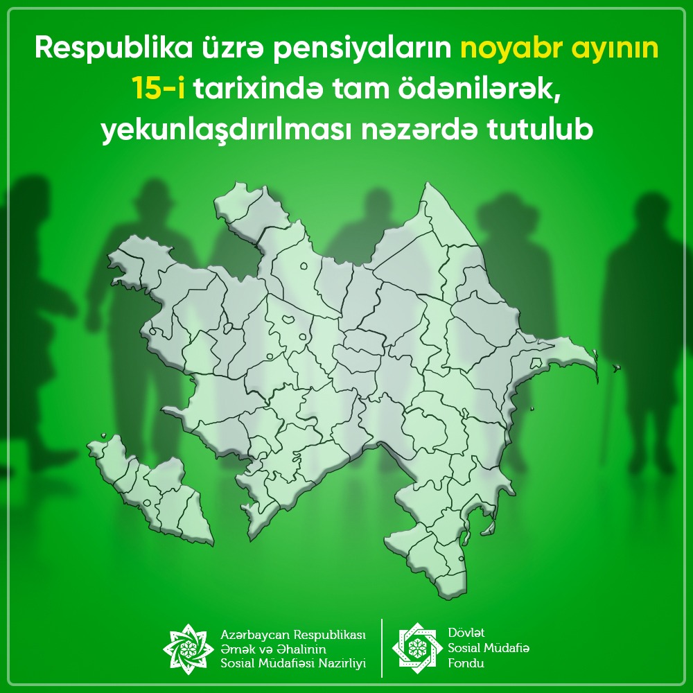 dsmfsosialgovaz's tweet photo. Respublika üzrə bütün pensiyaların noyabrın 15-də tam ödənilərək yekunlaşdırılması nəzərdə tutulub. Həmin gün güzəştli şərtlərlə pensiya hüququna malik şəxslərin də pensiyası ödəniləcək. https://t.co/BRFMwuSdCI