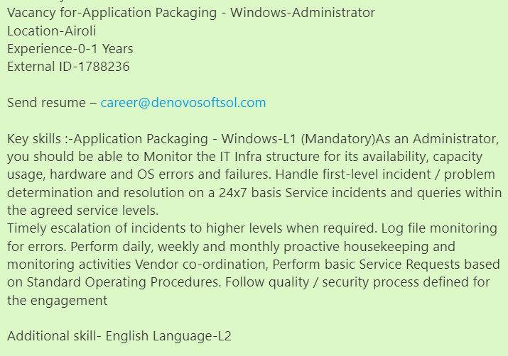 denovosoftsol's tweet image. Vacancy for-Application Packaging - Windows-Administrator
Location-Airoli
Experience-0-1 Years
External ID-1788236
Send resume – career@denovosoftsol.com
#applicationpackaging #windowsadministration #itsupport #itoperation #itjobs #softwaredeveloper #itadmins #windowsjob