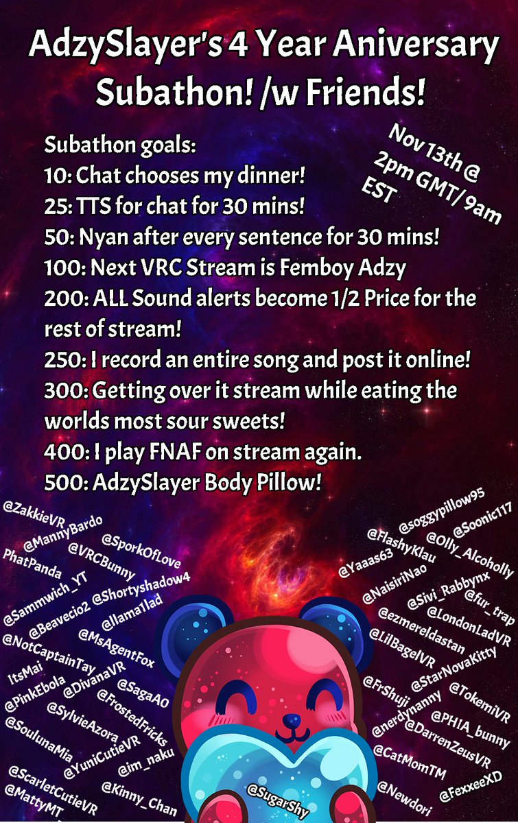 AdzySlayer's tweet photo. At 2pm GMT Today I'll be doing a 12 Hour Subathon to celebrate 4 years of streaming!

Come along and hang out with me and all these wonderful people that are gonna hang out with me at some point today! <3 

https://t.co/F7WmJCSvRi https://t.co/mTmudACnu7