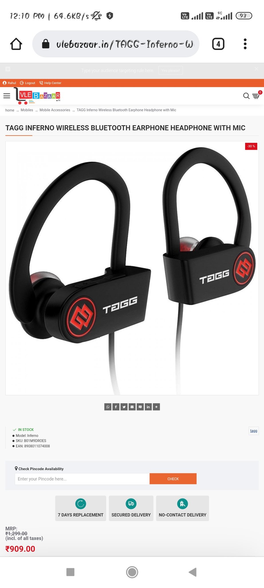 Rahul Chaurasiya on X vlebazaar in anilvijminister mlkhattar I paid Rs. 909 for tagg inferno blutooth on 27 oct. After 12 days you said that tagg is not available. I received redmi earbuds