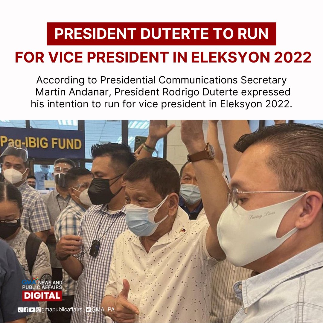 BREAKING: On Saturday, Presidential Communications Secretary Martin Andanar announced President Duterte’s intention in running for vice president in #Eleksyon2022. 

READ: bit.ly/3qzTAvy