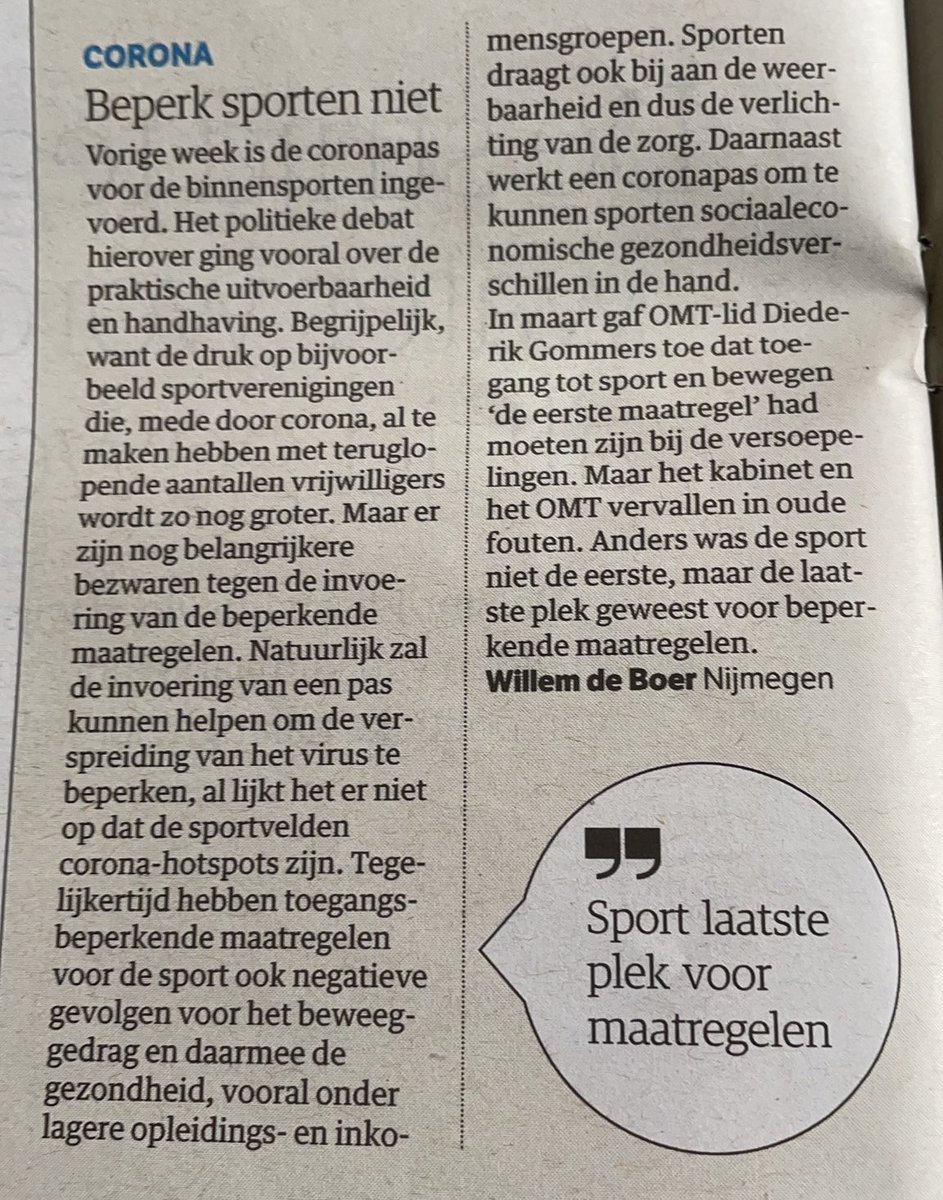 Willem_deboer's tweet photo. Het is onbegrijpelijk dat het #kabinet en #OMT als eerste naar de (breedte)sport grepen om bewegingsbeperkende maatregelen in te voeren, betoog ik in de @nrc. https://t.co/Yb1wc473Cy