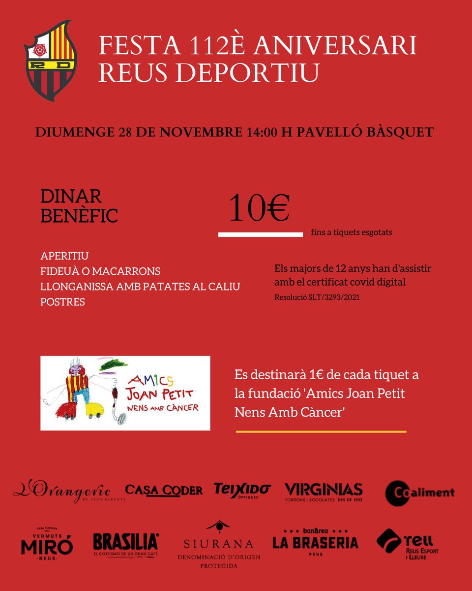 ReusDeportiu's tweet photo. Diumenge 28 de novembre celebrarem el 112è aniversari de l'entitat amb un dinar benèfic
☝🏻Es destinarà 1€ de cada tiquet a la fundació @AmicsJoanpetit
🎫 Adquireix els tiquets a la botiga / recepció del club (10€)
#FestaRD #ReusDeportiu112 #ForçaReus https://t.co/ojFssTDxju