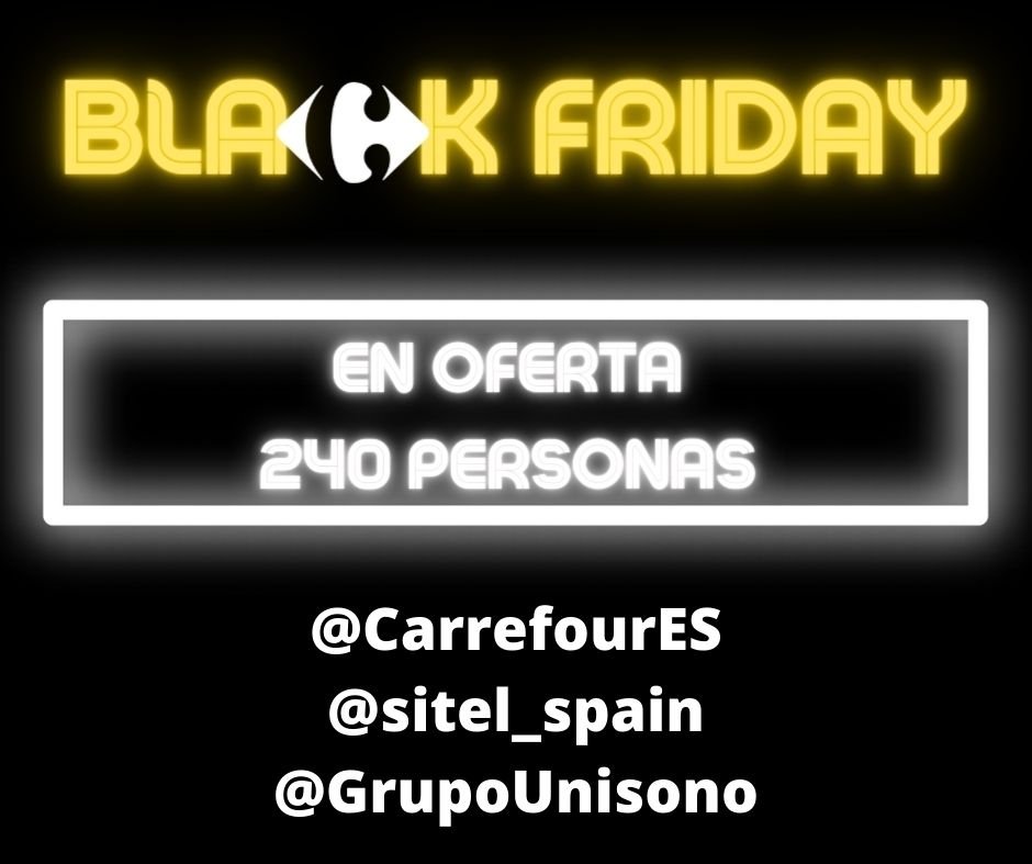 Qelia_'s tweet photo. @CarrefourES @CarrefourES @sitel_spain @GrupoUnisono rebajan a las personas ….. ¿te parece 
mal? Díselo no te cortes
….ellos no lo hacen:
240 personas
SIN TRABAJO
SIN INDEMNIZACIÓN
SIN PARO
#BlackFriday
#ContactBlackReality
#CarrefourEnNegro https://t.co/wddjaFVAmv