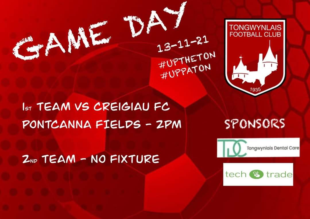✨GAME WEEK 10✨

<a href="/CreigiauTown/">Creigiau Football Club</a> 🆚 Tongwynlais FC
🏟️ Pontcanna Fields
🏆 <a href="/cardiff_and/">Cardiff and District</a> Premier Division 
⌚ 2pm KO
📲  Follow the game live on the Cymru Football App

No game for the 2nds today

#UppaTon