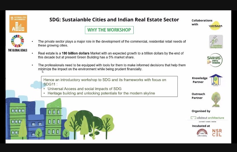 Nimitiwari's tweet photo. Kudos to ‘Green Architect’ Sayari De and Team @AllAboutArchit2 to organise a sharp webinar on SDG 11: Sustainable Cities and Indian Real Estate Sector. Great views by Sharmila Divatia @Vardaan4u3 Best wishes from #LinkITBlueCollar incubated @nsrcel #jobs #youth #india  #SDG https://t.co/PYPqhM85uc