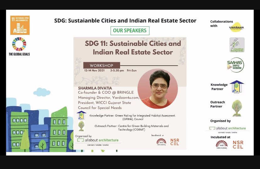 Nimitiwari's tweet photo. Kudos to ‘Green Architect’ Sayari De and Team @AllAboutArchit2 to organise a sharp webinar on SDG 11: Sustainable Cities and Indian Real Estate Sector. Great views by Sharmila Divatia @Vardaan4u3 Best wishes from #LinkITBlueCollar incubated @nsrcel #jobs #youth #india  #SDG https://t.co/PYPqhM85uc