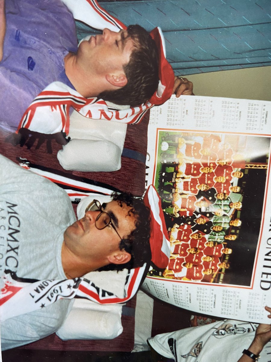 AndyMitten's tweet photo. Found some old pics of MUFC pre-season in Norway, 1992. The team would play in small undeveloped grounds around that time. SAF invited us out for a beer with the players. We’d travel around, sleep in train stations and on trains. You’d fall asleep at your peril. https://t.co/6YtFOTcG5j