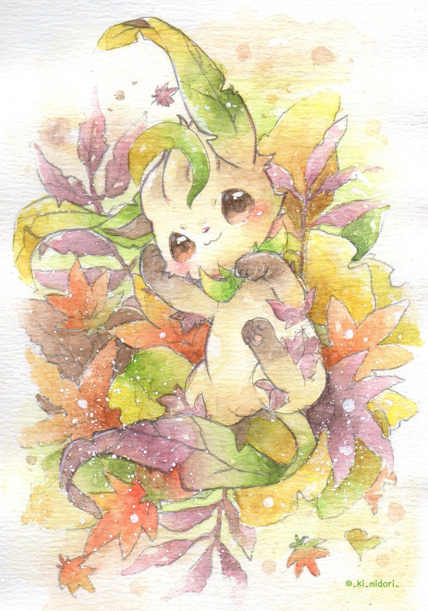 leafeon pokemon (creature) no humans solo leaf closed mouth brown eyes watercolor (medium)  illustration images