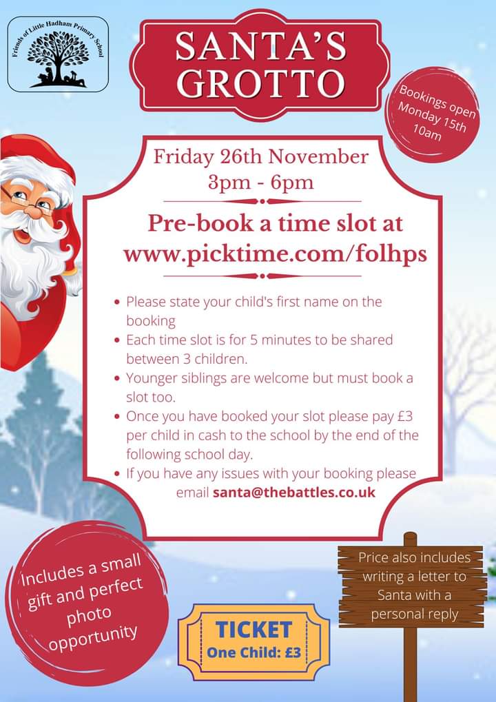 🎅Guess who's coming to town? 🎅

Don't forget to book your time slot to see Santa at the bazaar on 26th November.

Bookings go live on Monday morning at picktime.com/folhps