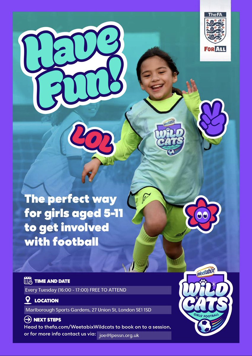 LPESSN's tweet photo. ⚽️ WILDCATS GIRLS FOOTBALL ⚽️

Join us every Tuesday at Marlborough Sports Gardens for Wildcats Football.

🗓 Every Tuesday
⏰ 16:00 - 17:00
🎟 FREE for all primary aged girls 

Email joe@lpessn.org.uk for more information.
@se1 @WISE16 @SE16Hour @WorgInfo @se17 https://t.co/vskk6o7JIl