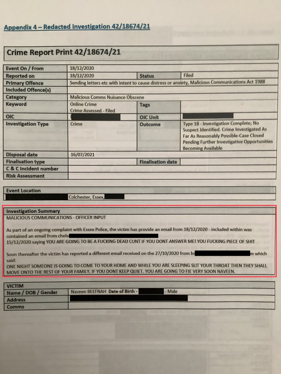UPDATE!
<a href="/EssexPoliceUK/">Essex Police</a> still covering up @EPColchester officers lies, corruption, racism etc like #waynecouzens

Essex Police OIC refuses to engage with “p@kis” EP term as per force policy

#Racism &amp; #CORRUPTION backed by <a href="/BJH251/">Chief Constable BJ Harrington QPM - Essex Police</a> <a href="/EssexPFCC/">EssexPFCC</a> <a href="/DCCAndyProphet/">Deputy Chief Constable Andy Prophet</a> 
#BlackLivesMatter