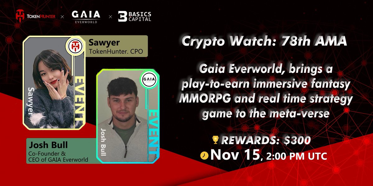 📣The 78th #AMA 
#TokenHunter × GAIA Everworld❤️‍🔥

⏰Time: 2:00 PM (UTC) - 15th Nov
#REWARDS: $300
📍Venue: t.me/tokenhunter_of…

✅Airdrop Rules
▫️Like &amp; Retweet &amp; Comment Question
▪️Follow <a href="/GaiaEverWorld/">GAIA Everworld</a> &amp; <a href="/_TokenHunter/">TokenHunter</a>
▫️Join t.me/GaiaEverworld
