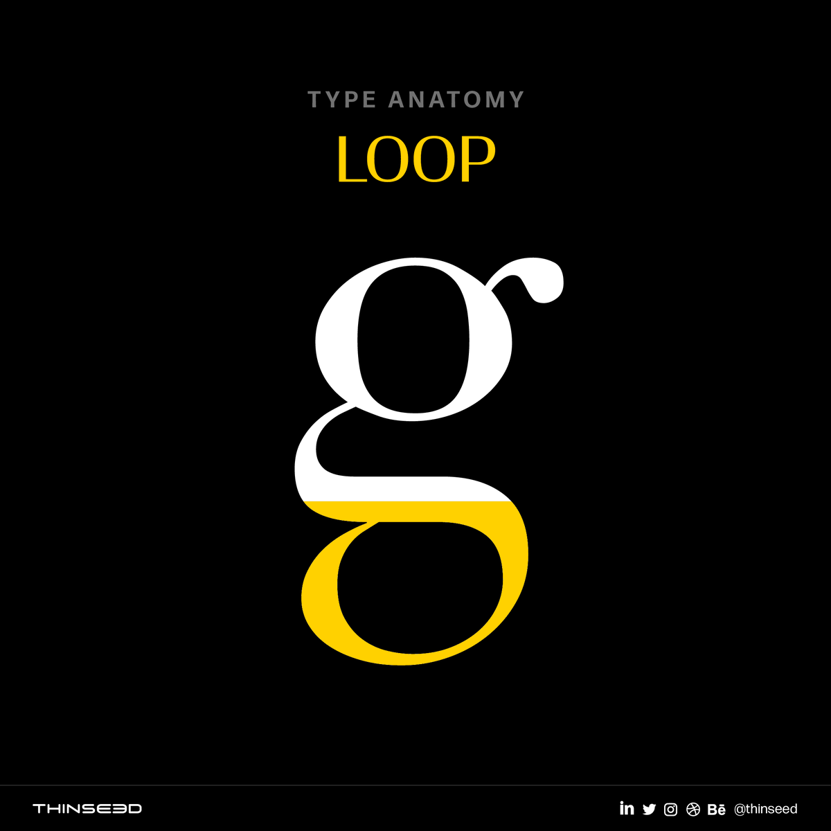 ThinSeed's tweet image. Loop:
It is the enclosed or partially enclosed (also called an open loop) counter below the baseline.

Example: In double-story &apos;g&apos; or &apos;a&apos;
.
.
.
.
.
#loop #learnwiththinseed #typography #typeterminology #typographicanatomy