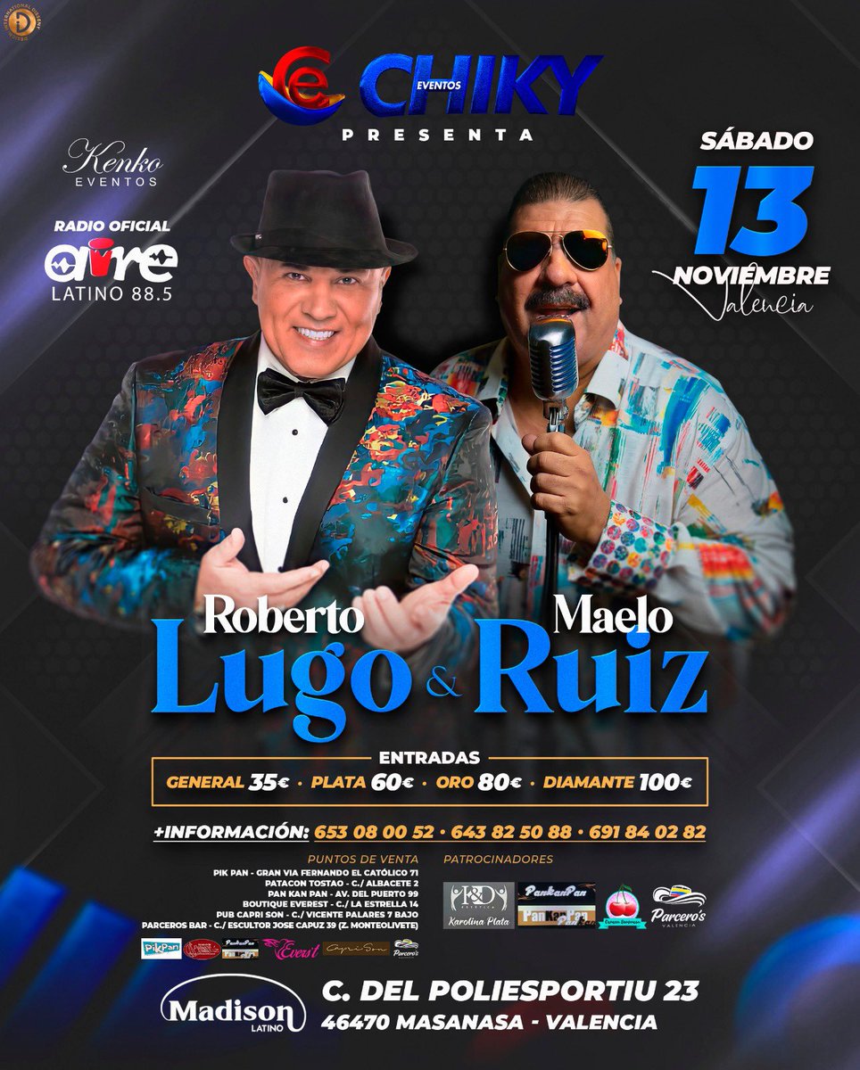 Está noche nuestro artista exclusivo <a href="/Maelo__Ruiz/">Maelo Ruiz</a> estará compartiendo escenario con Roberto Lugo en la ciudad de Valencia 🇪🇸 no te lo pierdas ! #MaeloRuiz #RobertoLugo #EuroTour2021 #OtraVezMaeloRuiz #DnlManagement