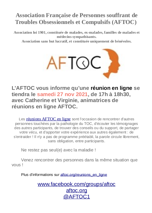 AFTOC1's tweet photo. L'#AFTOC annonce une réunion en ligne samedi 27 nov de 17h à 18h30 avec Catherine et Virginie (animatrice groupe de parole AFTOC)
#TOC #TroubleObsessionnelCompulsif #TCC
#OCD
Voir https://t.co/DB6rvpuAGG
inscriptions.aftoc@laposte.net https://t.co/Iq8vUKxn3M