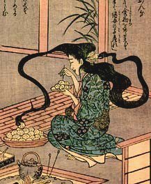In #JapaneseFolklore futakuchi onna is a #yokai that looks like a normal woman, but who is actually hiding a second mouth under the hair on the back of her head. Endlessly hungry, she stuffs whatever food she finds into this ravenous extra mouth.
#SuperstitionSat
1/2